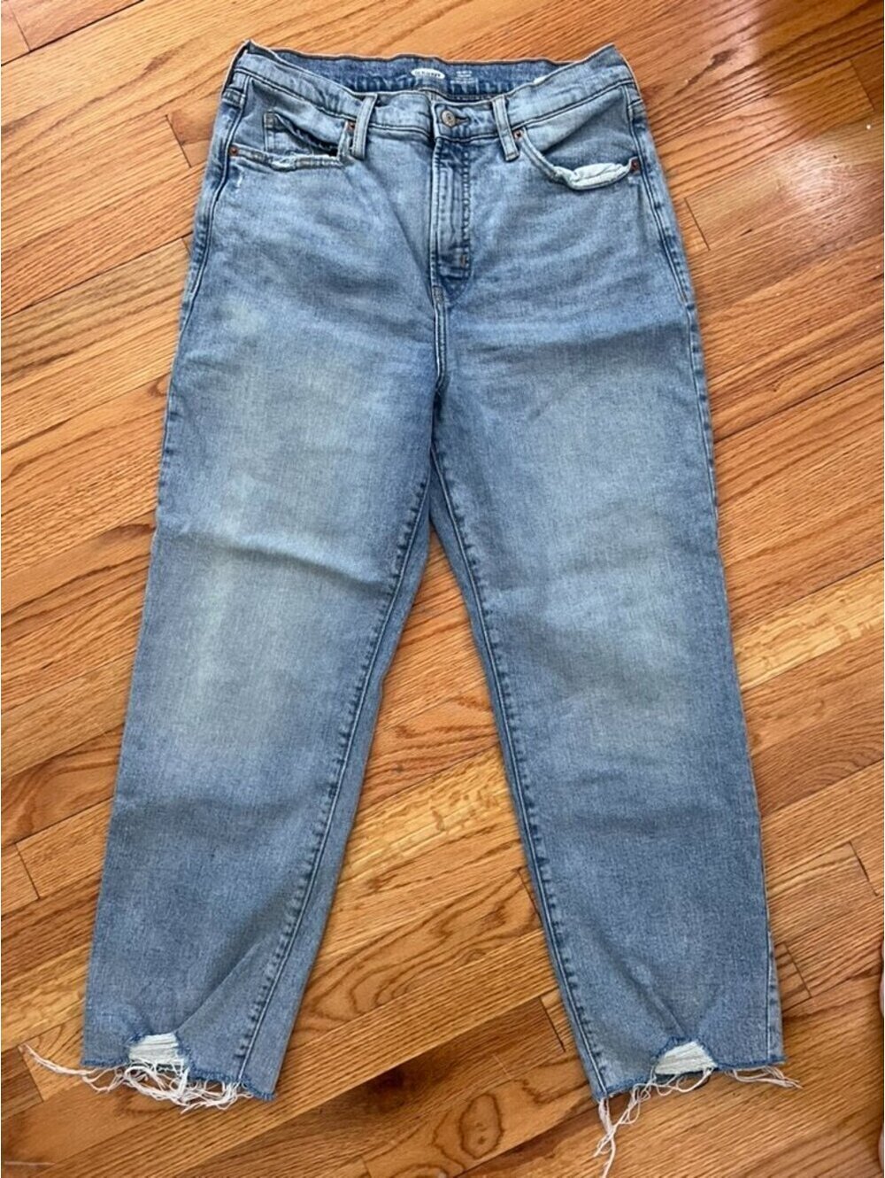 Old Navy High Rise Straight Jeans Women's 12 Light Wash Raw Hem Stretch Denim